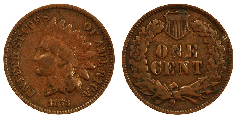1873 Indian Head Penny obverse showing Indian portrait and LIBERTY headband, reverse showing wreath and ONE CENT shield