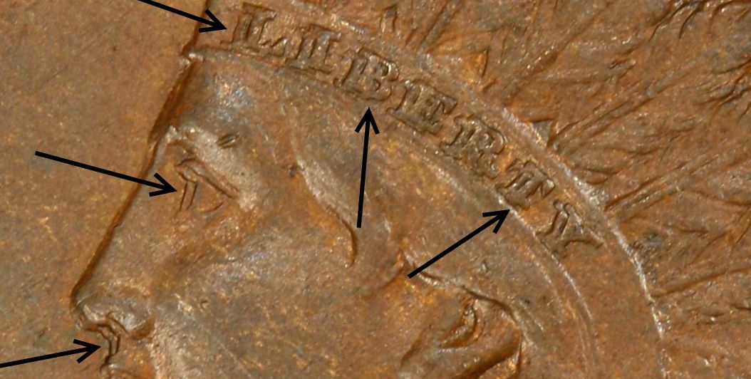 Close-up of 1873 Indian Head Penny Doubled Liberty DDO (FS-101) showing bold doubling on all letters of LIBERTY in the headband