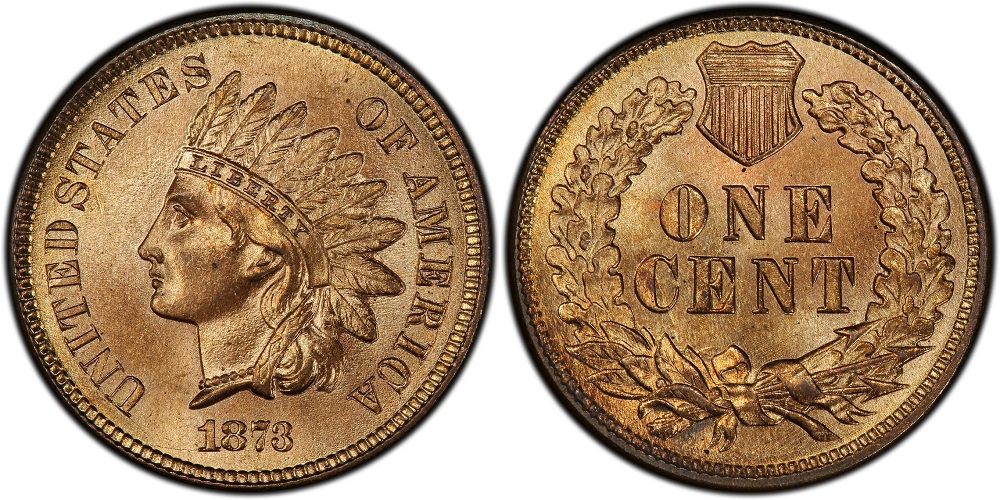 Close-up of 1873 Indian Head Penny Closed 3 variety showing the numeral 3 with nearly touching ends in the date