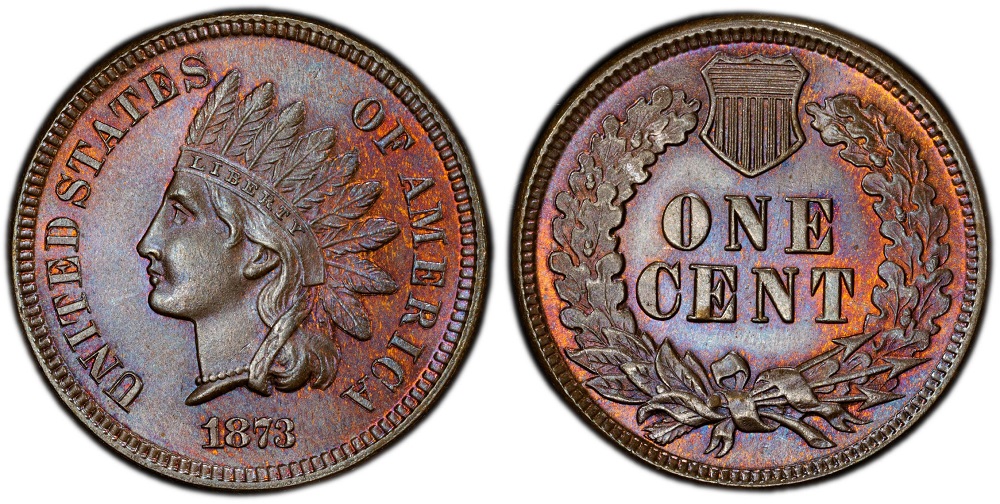 Close-up of 1873 Indian Head Penny Open 3 variety showing the numeral 3 with a clearly visible open gap between the curved ends of the digit