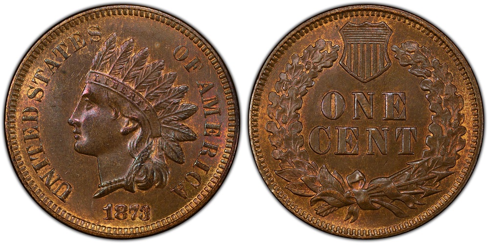 Extreme close-up of 1873 Indian Head Penny Repunched Date FS-1301 showing ghost secondary digit impressions visible beneath the primary date numerals