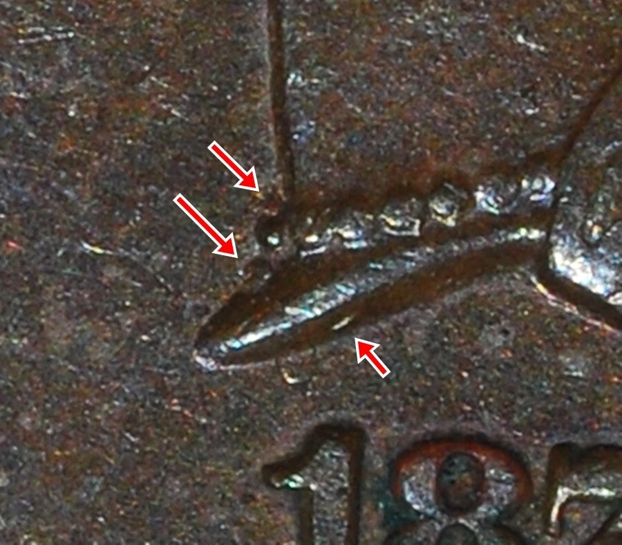 Close-up of 1873 Indian Head Penny Misplaced Date FS-1302 showing a digit fragment visible in the denticle field below the main date area