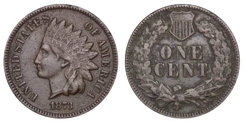 Group of 1873 Indian Head cents in various grades from Good through Uncirculated showing typical range of specimens, Philadelphia Mint production