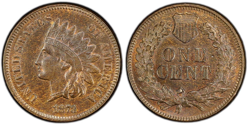 Grading strip showing 1873 Indian Head Penny in four grades from left to right: Good (heavily worn), Fine, Extremely Fine, and Gem Uncirculated with full red luster